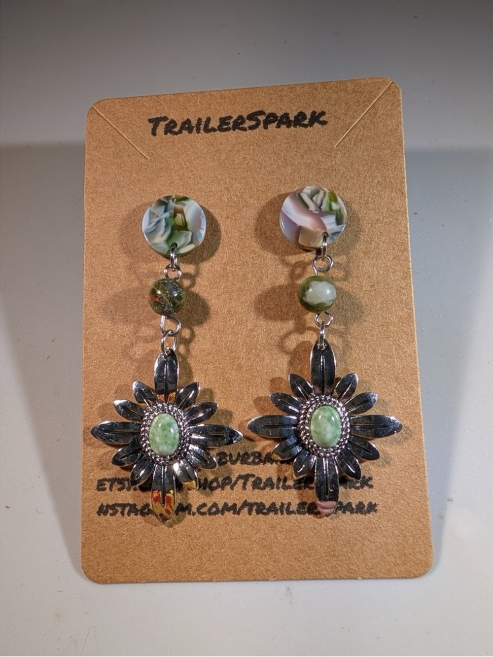 Green Sunflower Dangle Earrings